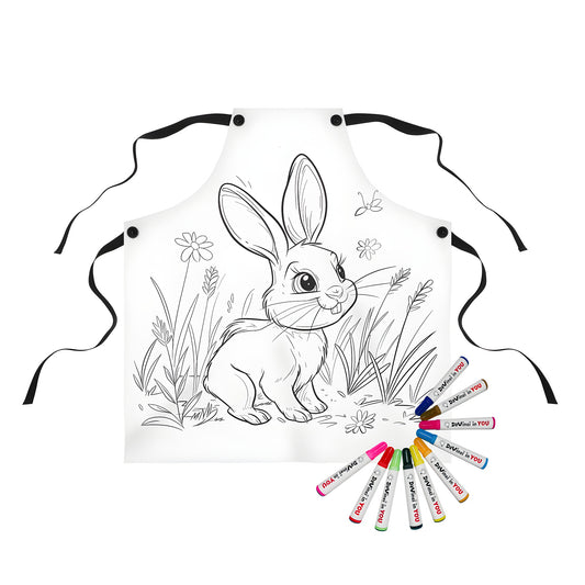 Coloring apron featuring cute bunny design with grassy area, flowers, and insect