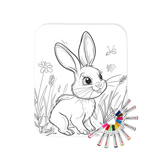 Blanket coloring kit with adorable rabbit design featuring cute bunny, hare, and cotton-tailed friends amidst flowers, grass, and insects