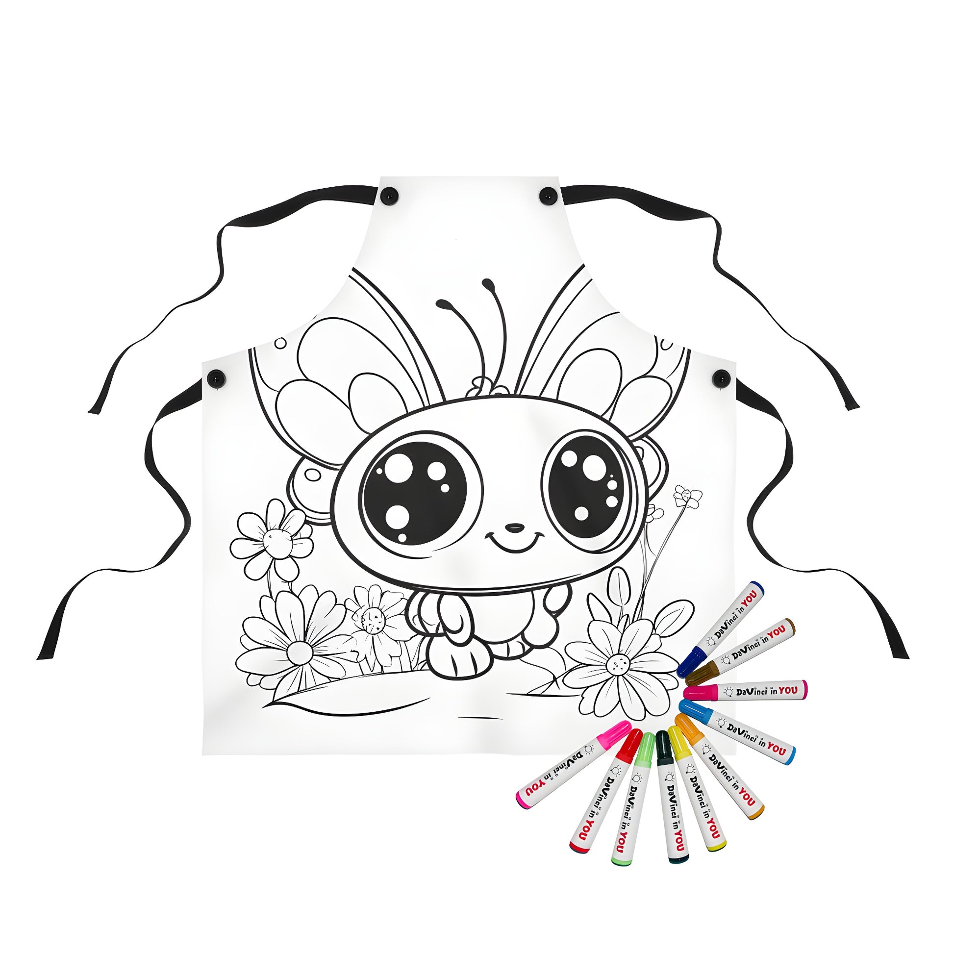 Coloring apron with whimsical butterfly design and vibrant fabric markers