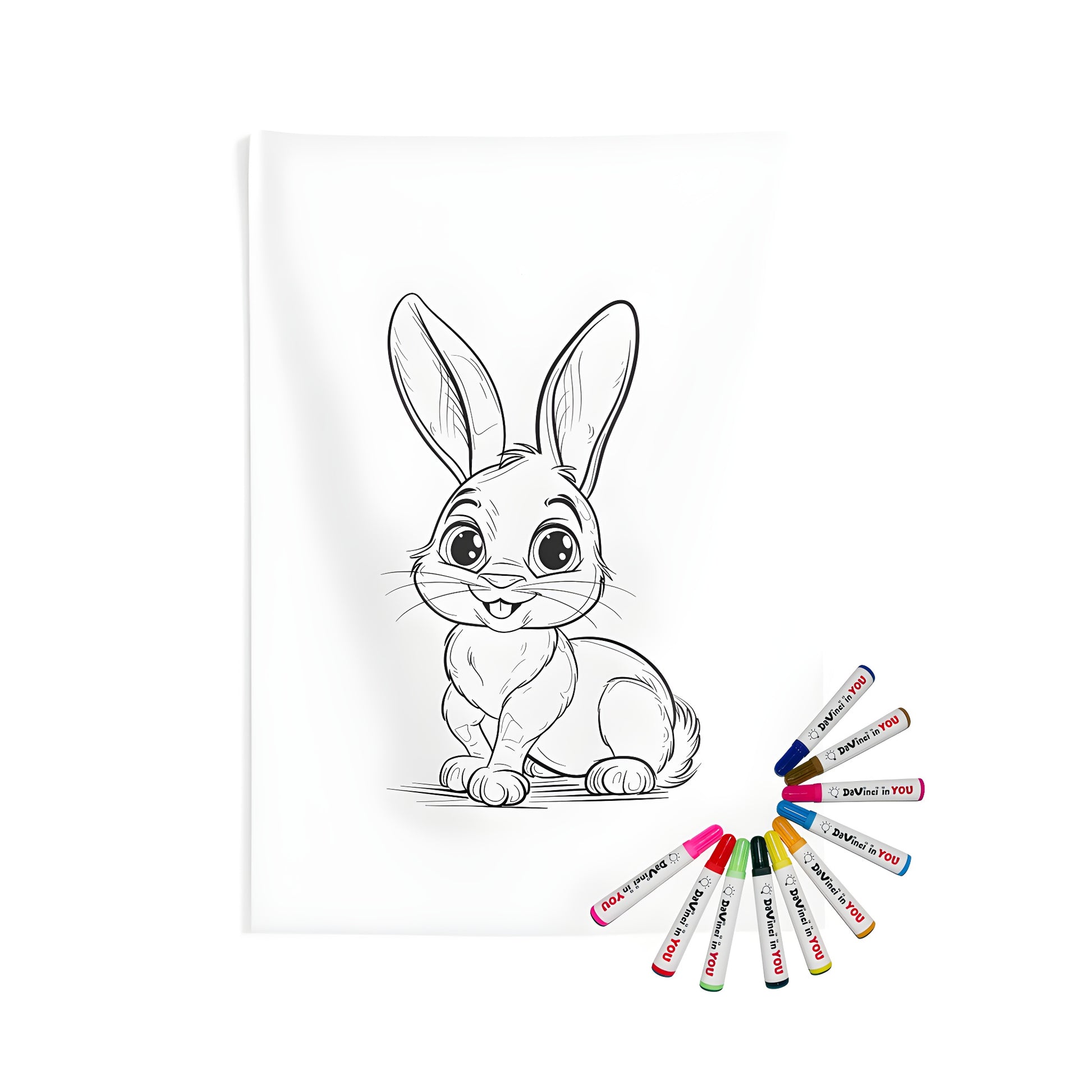 Indoor wall tapestry with adorable cartoon bunny design, featuring big eyes and long ears, perfect for coloring enthusiasts