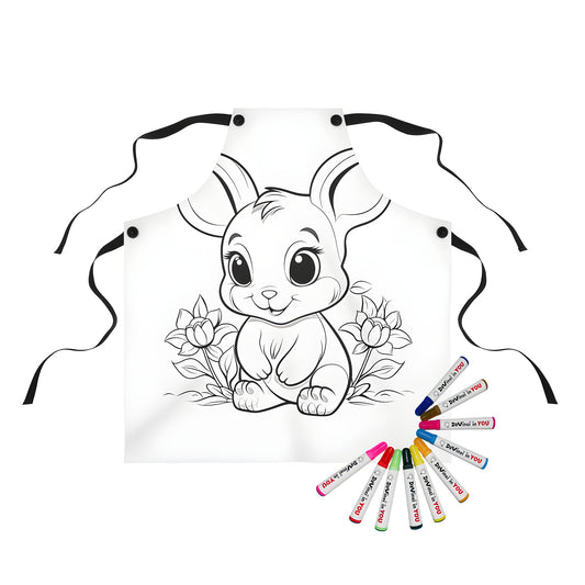 Coloring apron featuring illustration of cute cartoon bunny character surrounded by colorful flowers