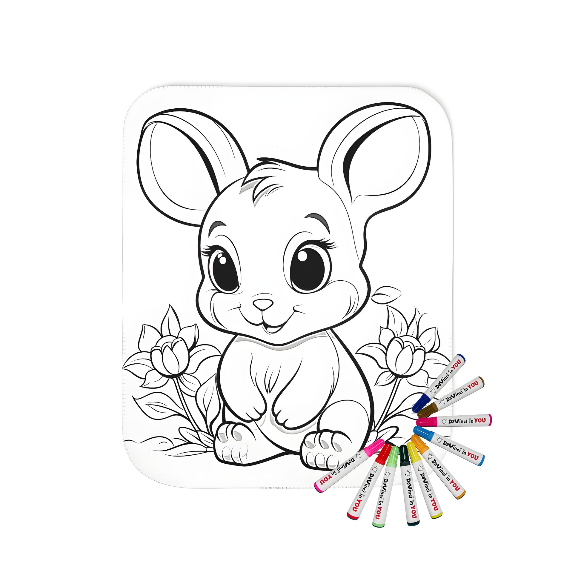 Adorable plush blanket featuring a cute little bunny illustration, perfect for kids' bedrooms or as a gift. Includes a set of fabric markers for endless coloring fun!