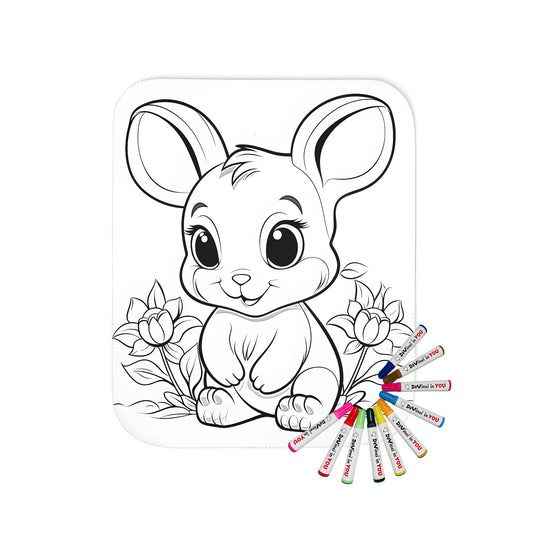 Adorable plush blanket featuring a cute little bunny illustration, perfect for kids' bedrooms or as a gift. Includes a set of fabric markers for endless coloring fun!