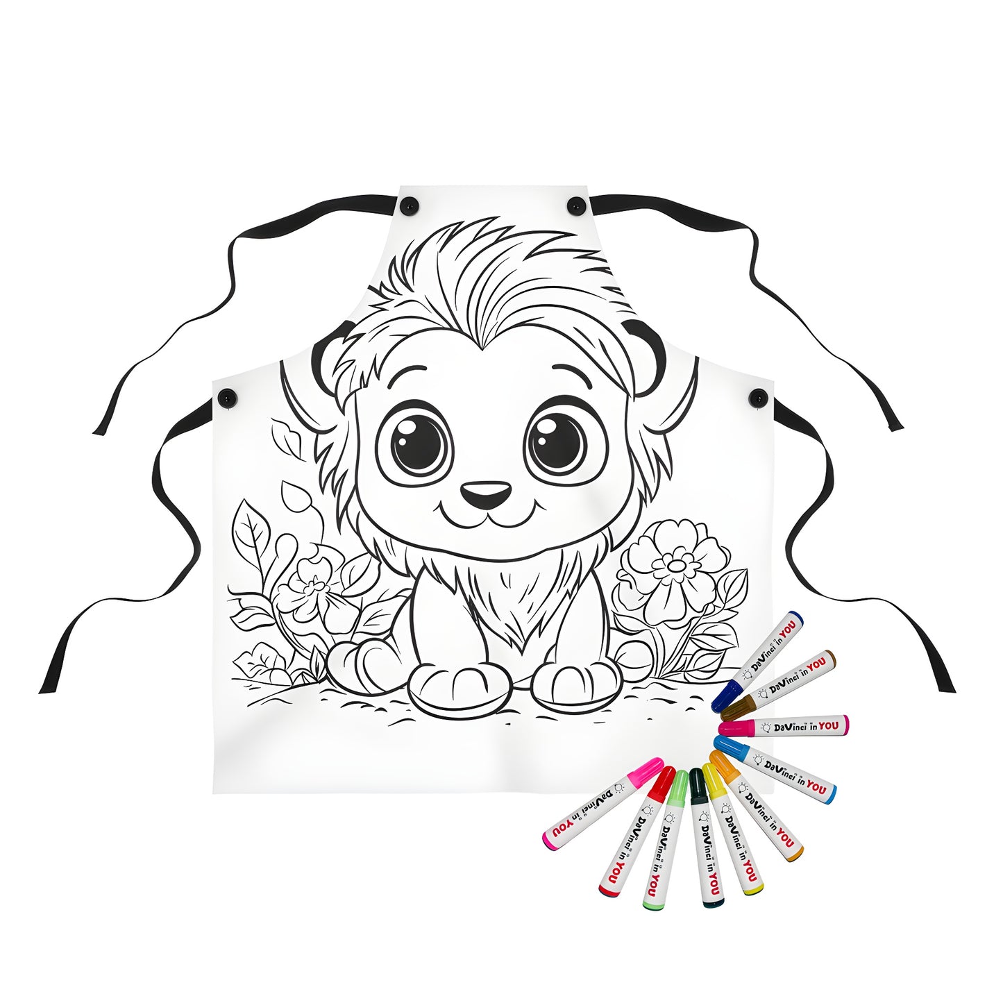 Adorable Baby Lion Illustration on Apron, Colorful Fabric Markers Included for Creative Fun