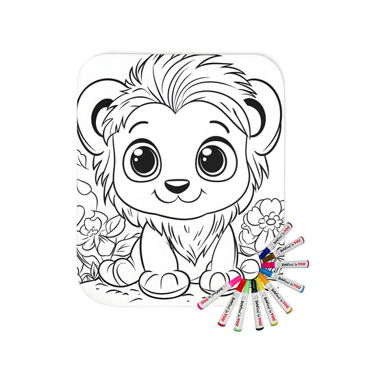 Adorable baby lion blanket illustration, cute lion fabric marker artwork, fun and colorful baby animal bedspread