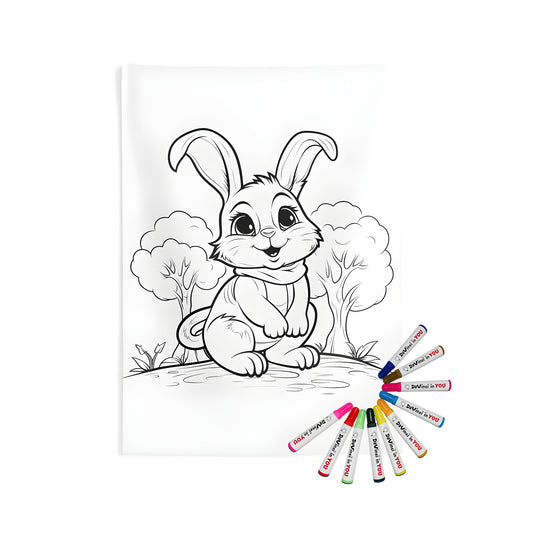 Colorful indoor wall tapestry featuring adorable cartoon bunny design