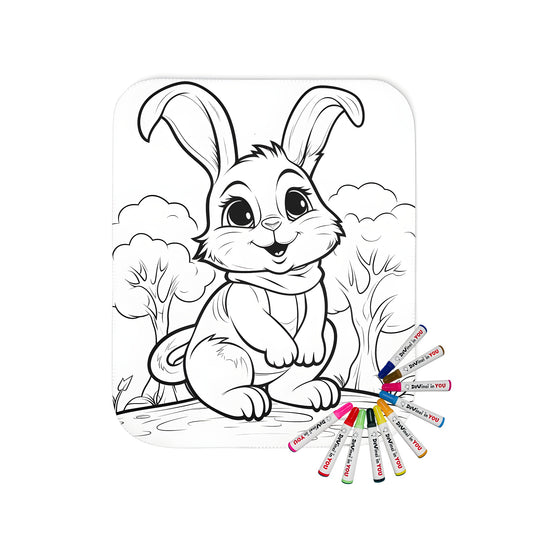 Cozy blanket featuring adorable rabbit design, whimsical forest scenery, and vibrant fabric markers