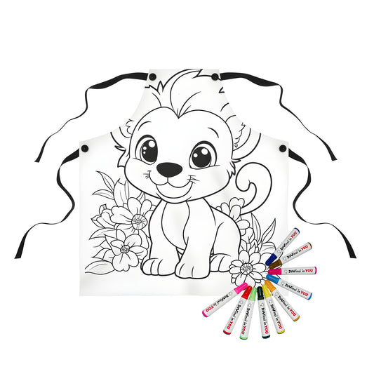 Apron featuring cute lion illustration, perfect for kids' art projects and colouring fun