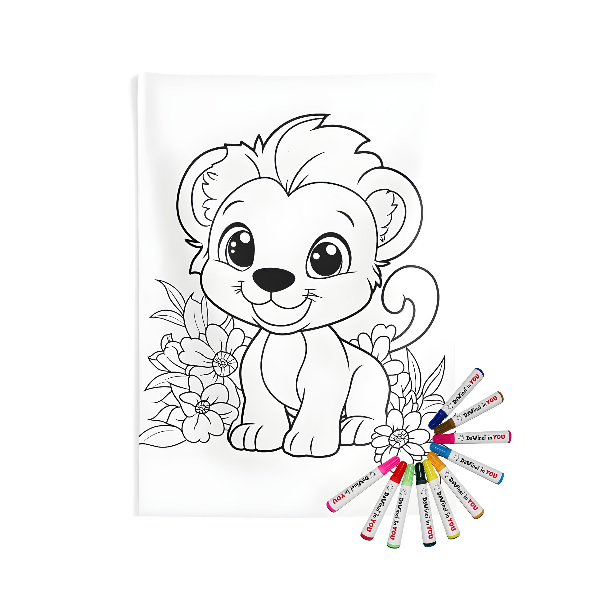 Cute lion cub wall tapestry design for adults and kids to color with 10 fabric markers