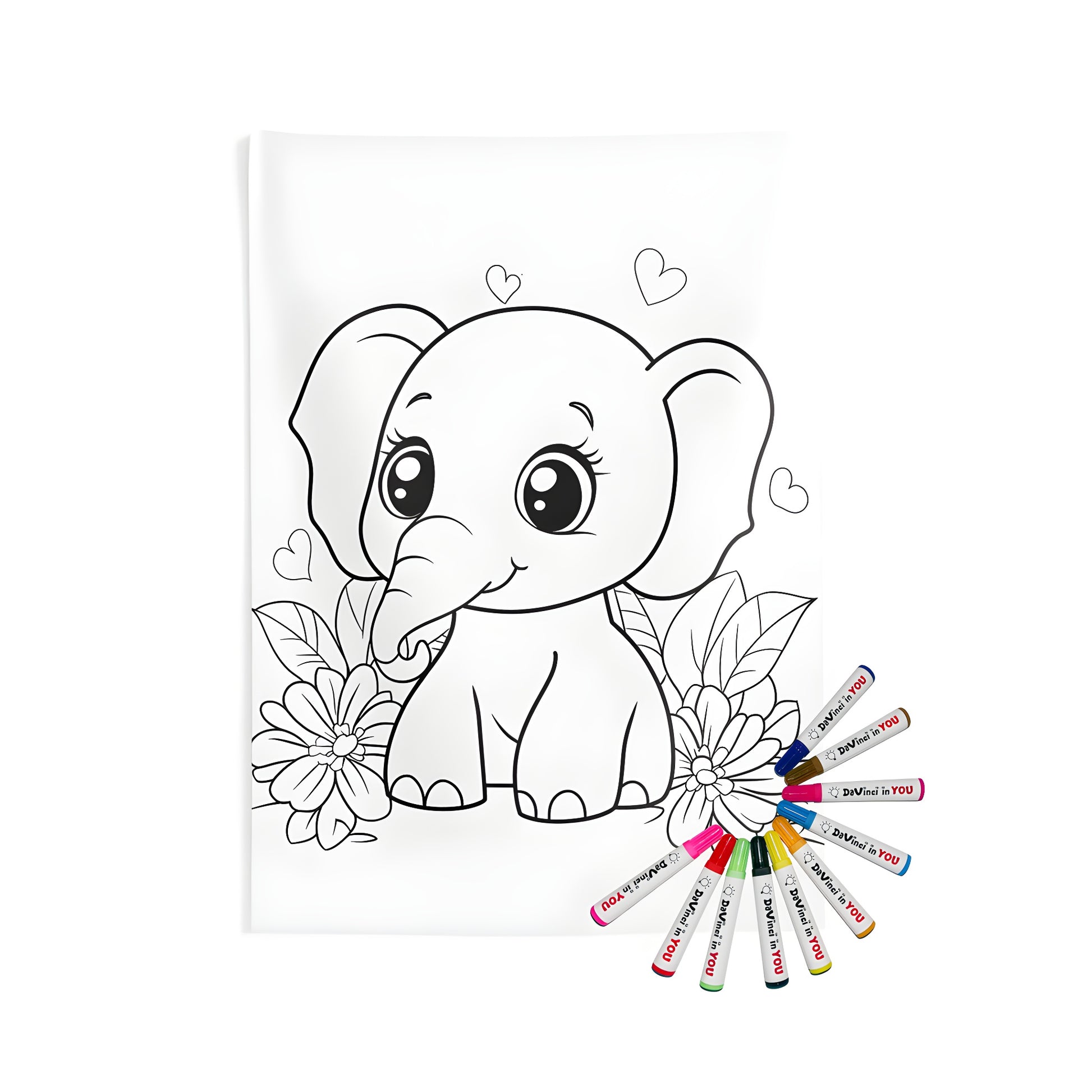 Cute baby elephant wall tapestry for home decor, featuring a colorful scene of flowers and hearts