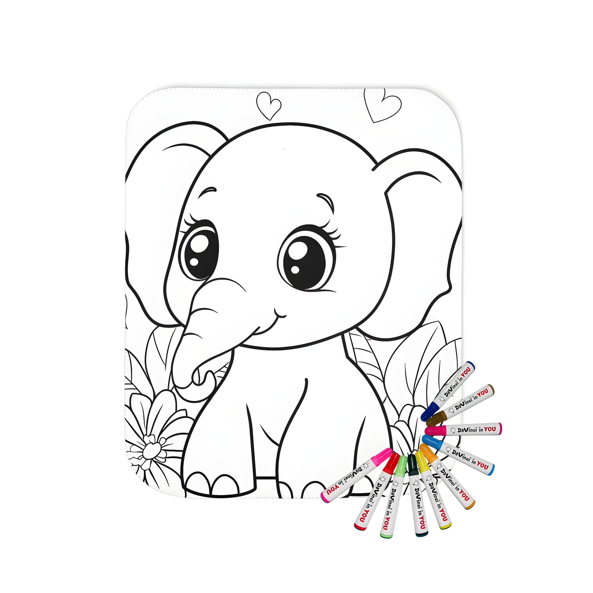 A lovely blanket designed as a cute baby elephant coloring page with large eyes surrounded by flowers and hearts. Perfect for baby girl nursery decor.