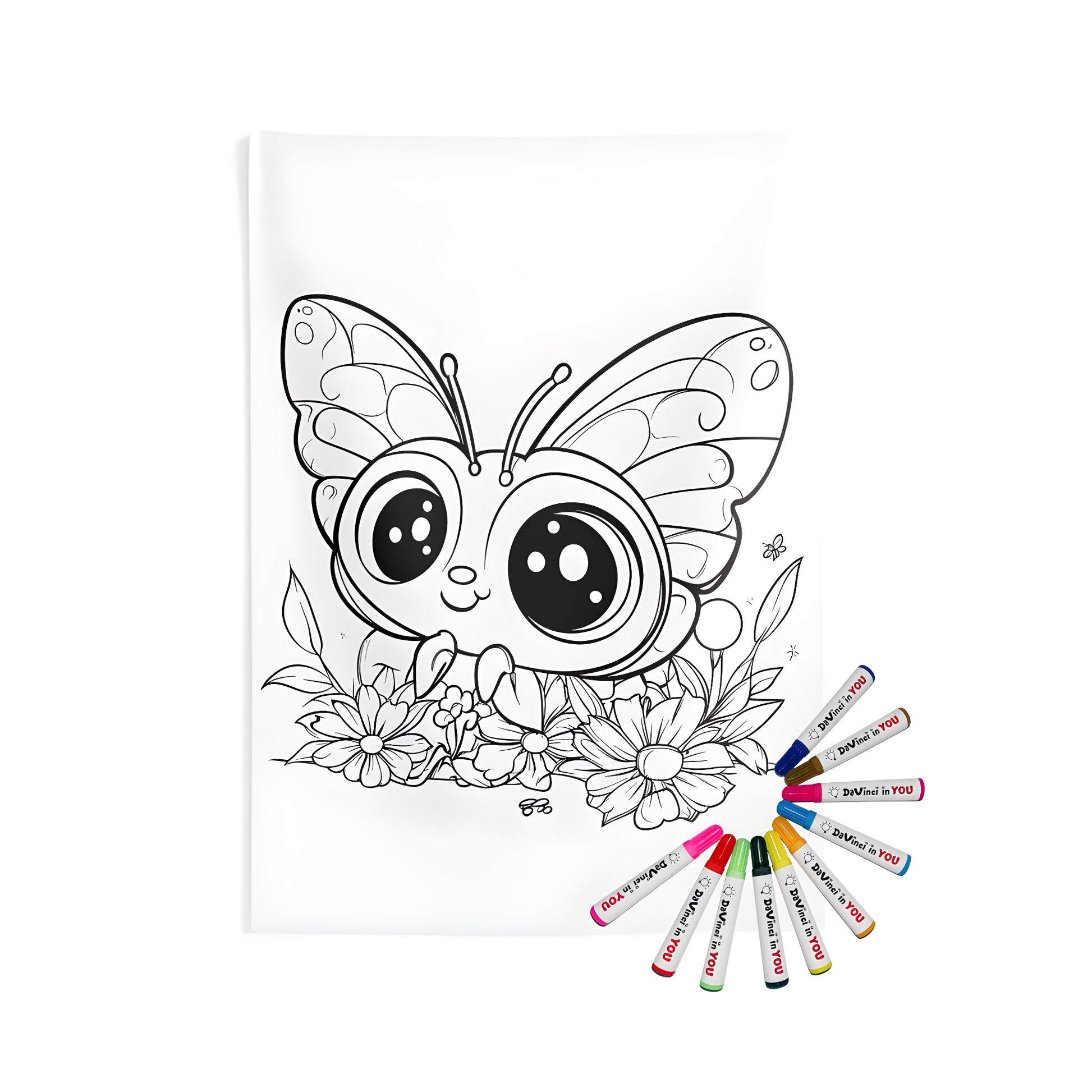 Indoor wall tapestries with adorable butterfly design. Colorful flowers, leaves and cartoon illustrations.