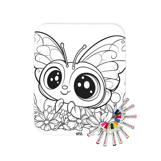 Blanket coloring kit with adorable cartoon butterfly design, vibrant fabric markers, and colorful flowers on a soft blanket