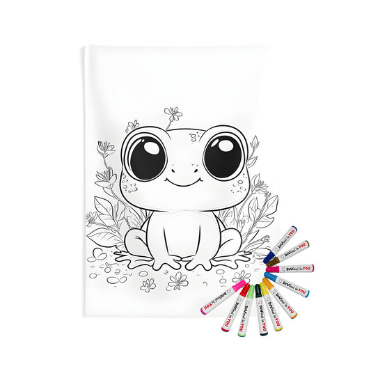 Coloring kit for indoor wall tapestries featuring a cute green frog illustration