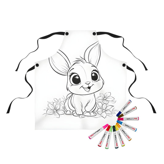 Apron with adorable bunny artwork, featuring a cute rabbit illustration in black and white