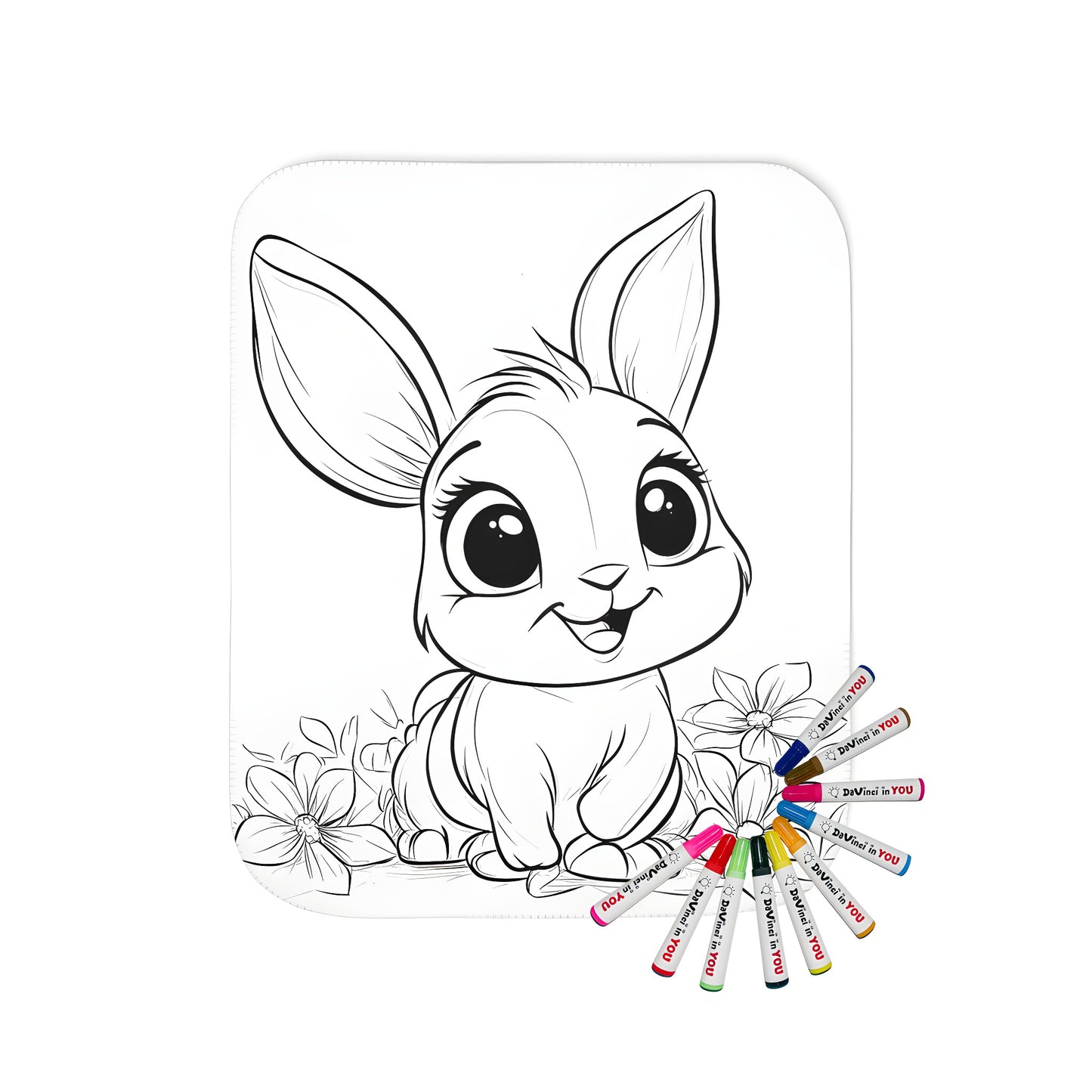 Colorful blanket featuring a whimsical cartoon rabbit illustration among flowers, perfect for kids and adults alike.