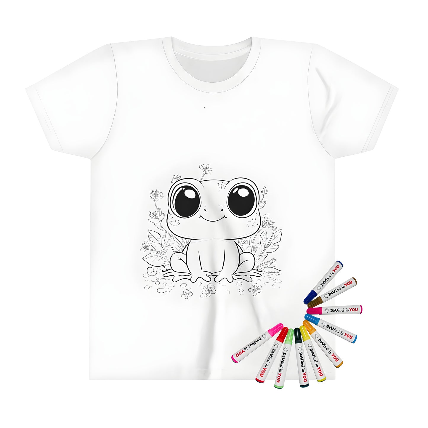 Kid's T-shirt coloring page with cute frog design, outline illustration