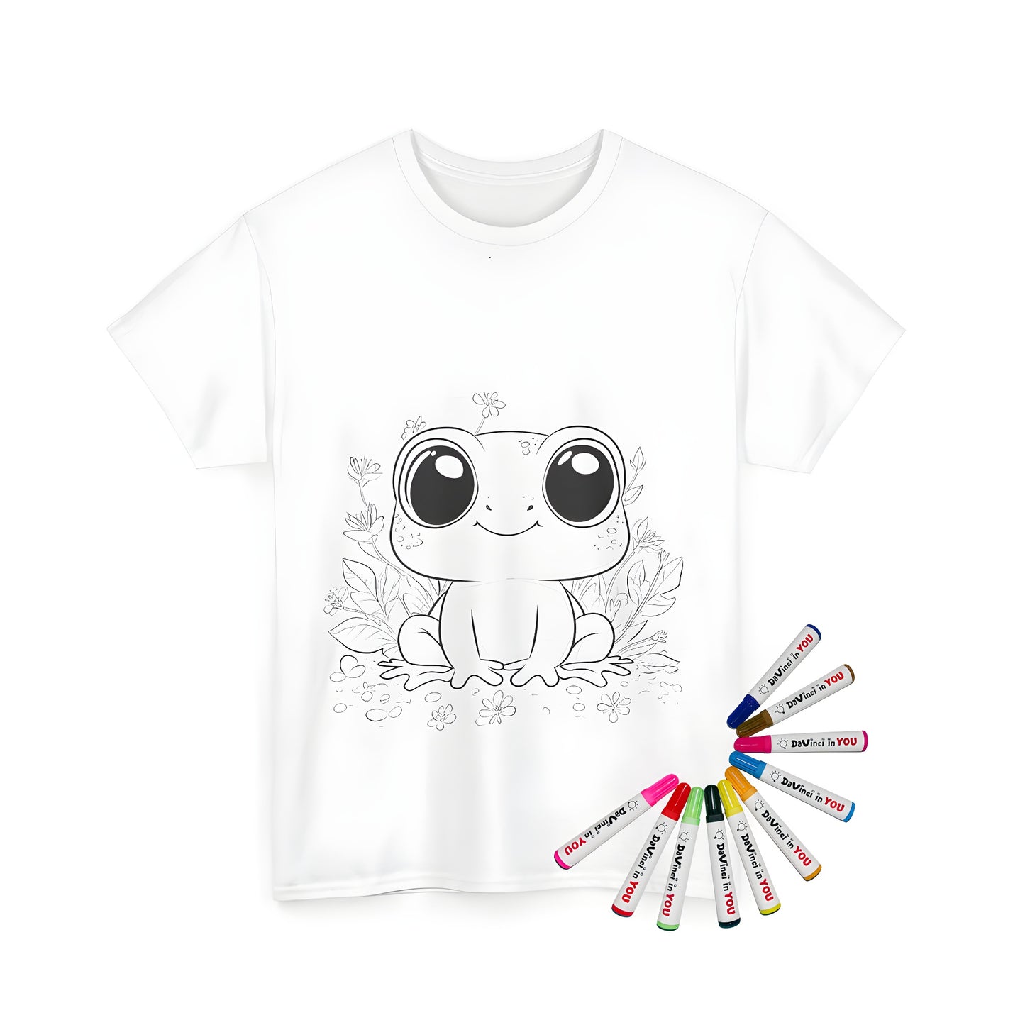 Unisex t-shirt featuring a cute frog illustration with big eyes, surrounded by flowers and leaves for coloring