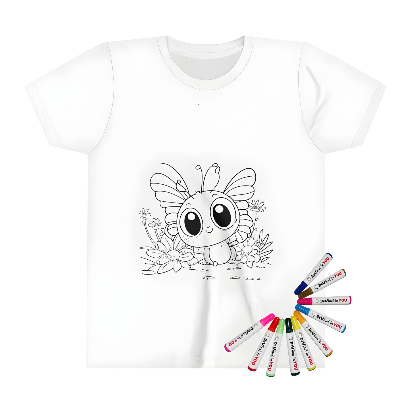 Coloring kit kid's t-shirt with cute butterfly design, flower garden and big eyes