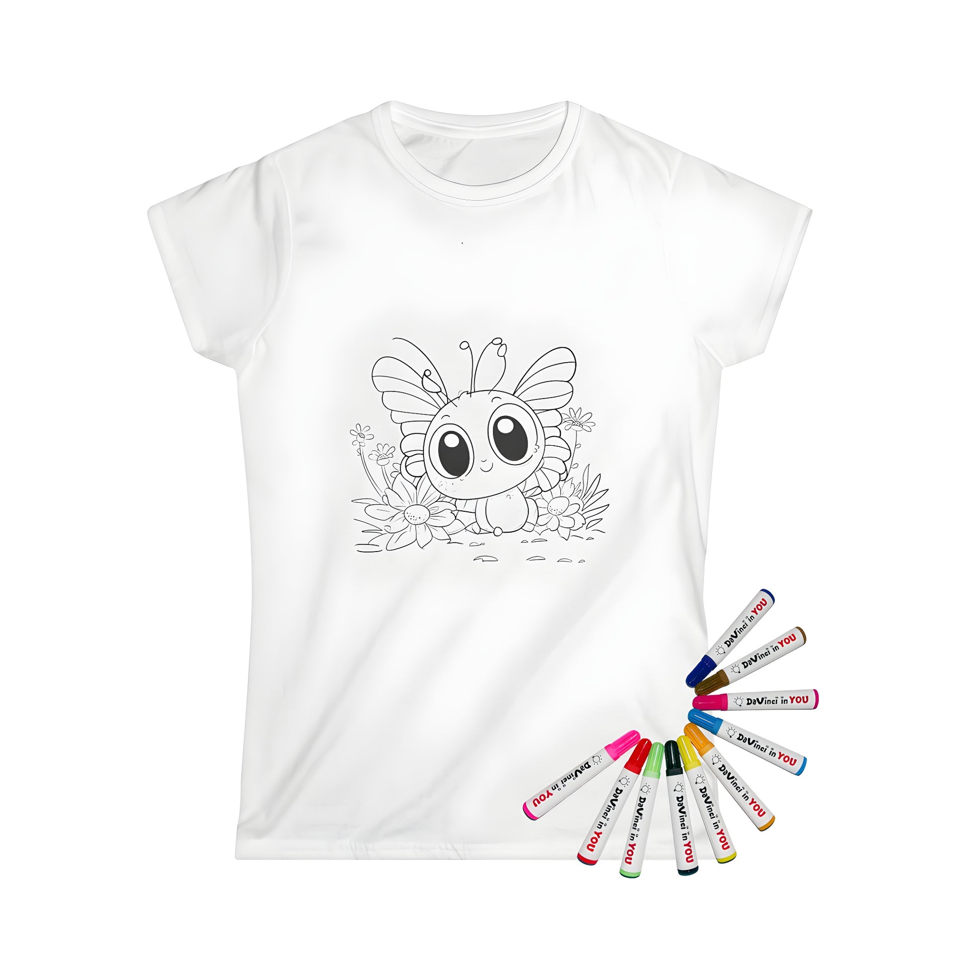 Women's T-shirt featuring a coloring page design of a cute butterfly with big eyes sitting among flowers in a garden