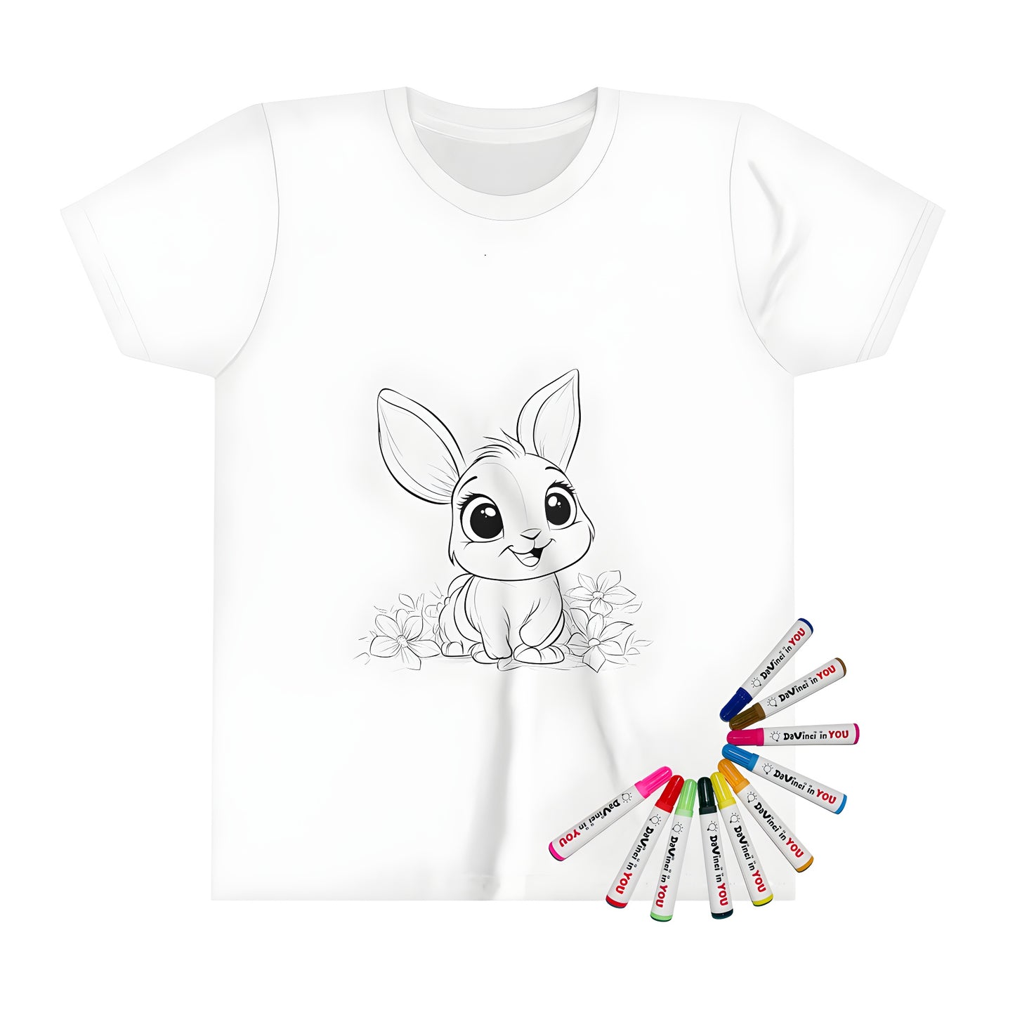 Kiddie tee with adorable bunny illustration, featuring colorful flowers