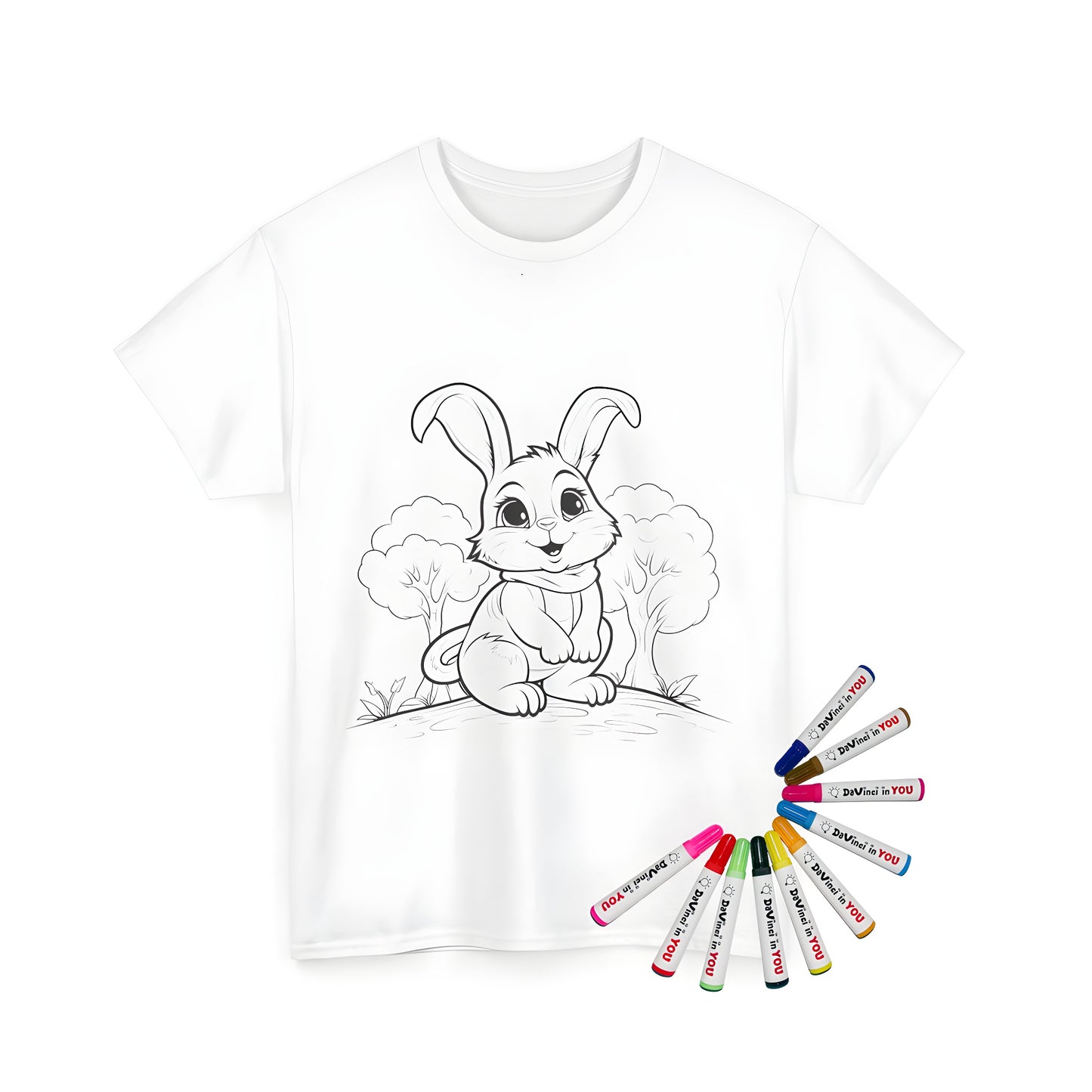 Unisex T-shirt featuring adorable bunny design with big eyes and scarf, surrounded by forest scenery