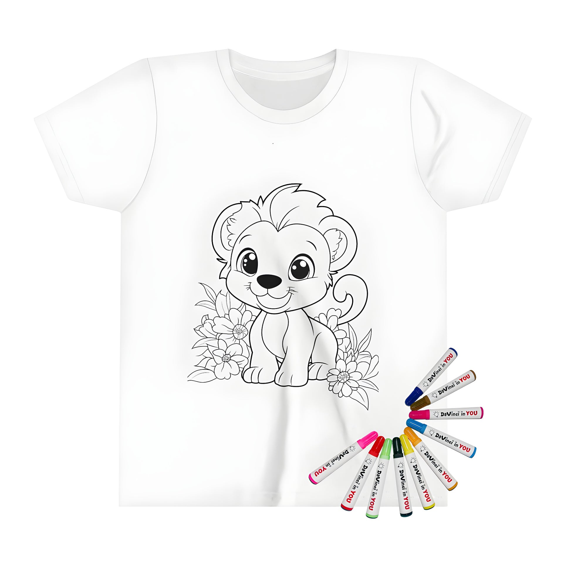 Coloring page design kid's t-shirt with cute lion cub and flowers, perfect for art projects and creative expression