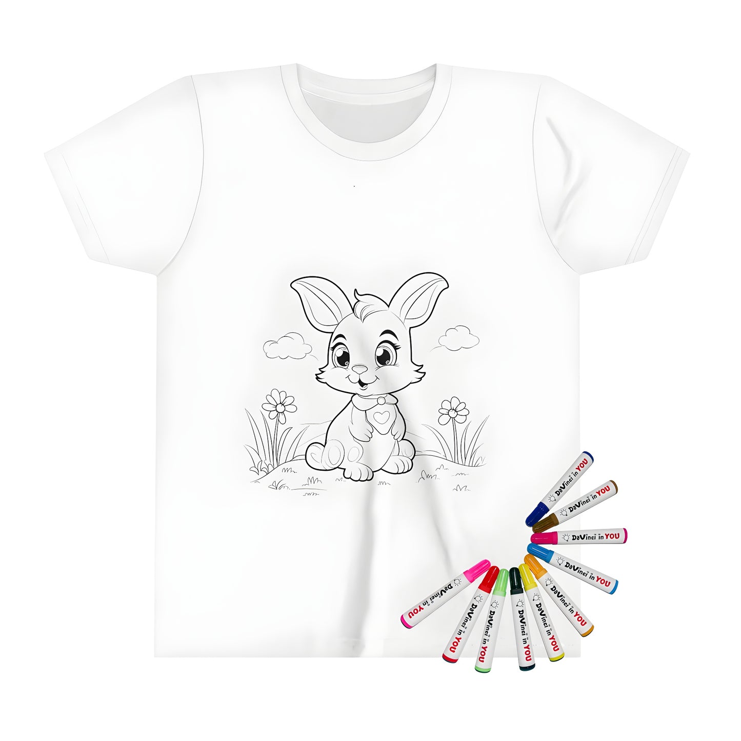 Coloring page design of adorable bunny with big eyes and heart-shaped collar sitting on flowers and clouds printed on kid's t-shirt