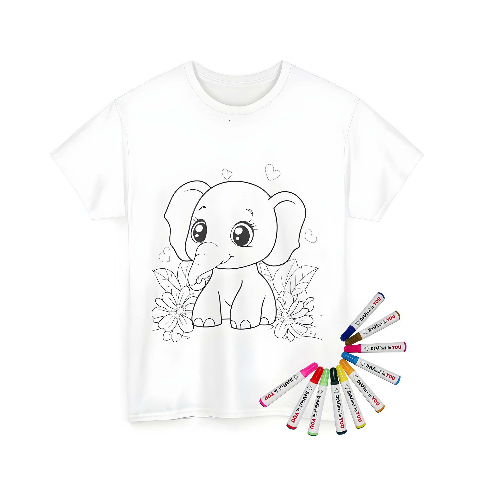 Unisex t-shirt featuring cute elephant design with large eyes, surrounded by flowers and hearts