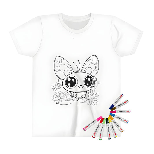 Coloring kit for kids with cute cartoon butterfly design on a t-shirt, big eyes and decorated wings, surrounded by flowers in a line art style