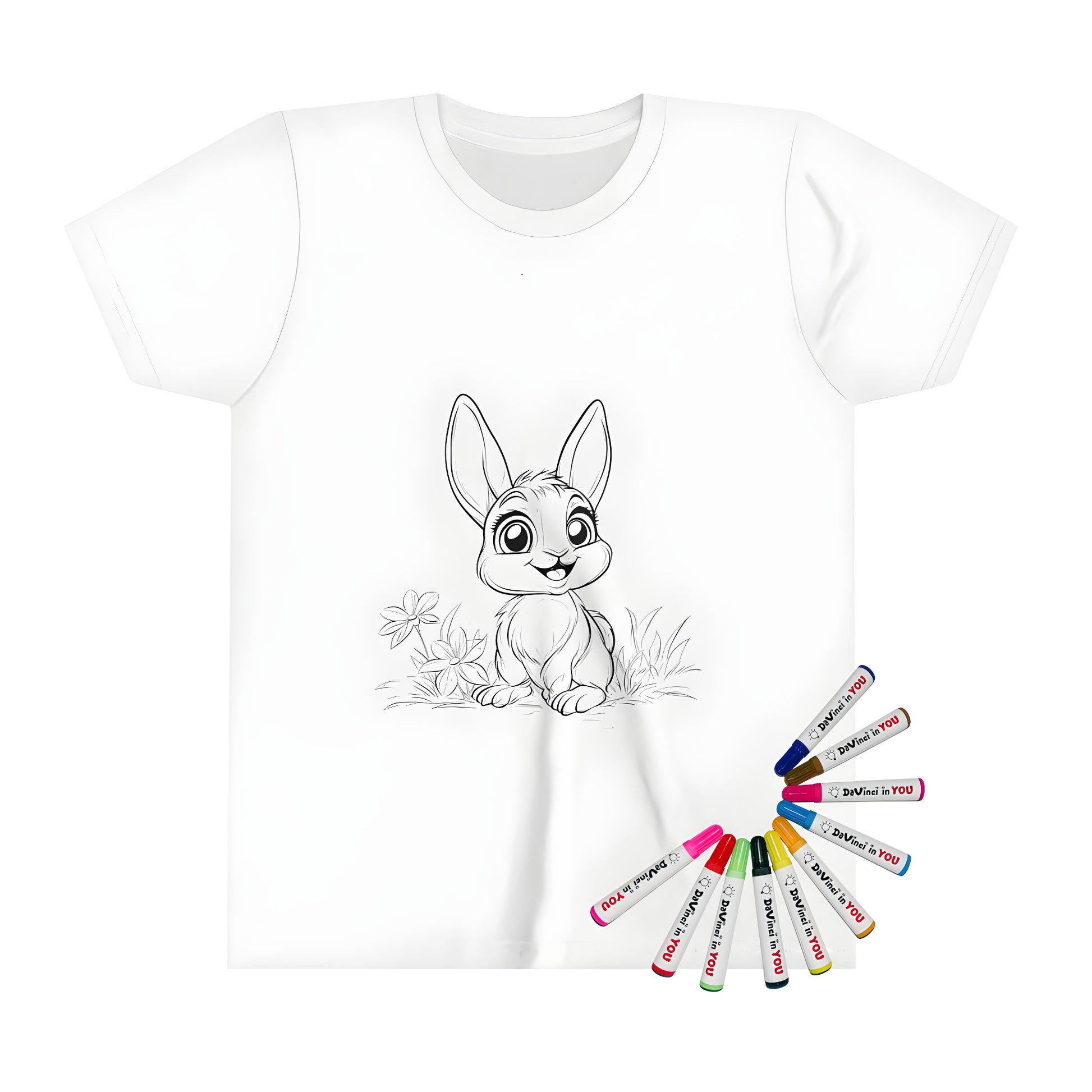 Colorful kid's t-shirt with adorable bunny design featuring cute cartoon rabbits among flowers