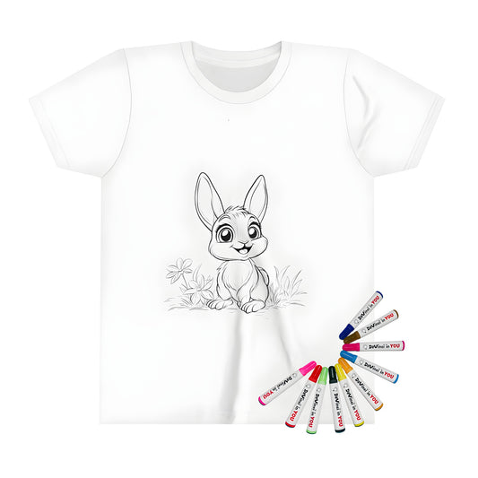 Colorful kid's t-shirt with adorable bunny design featuring cute cartoon rabbits among flowers