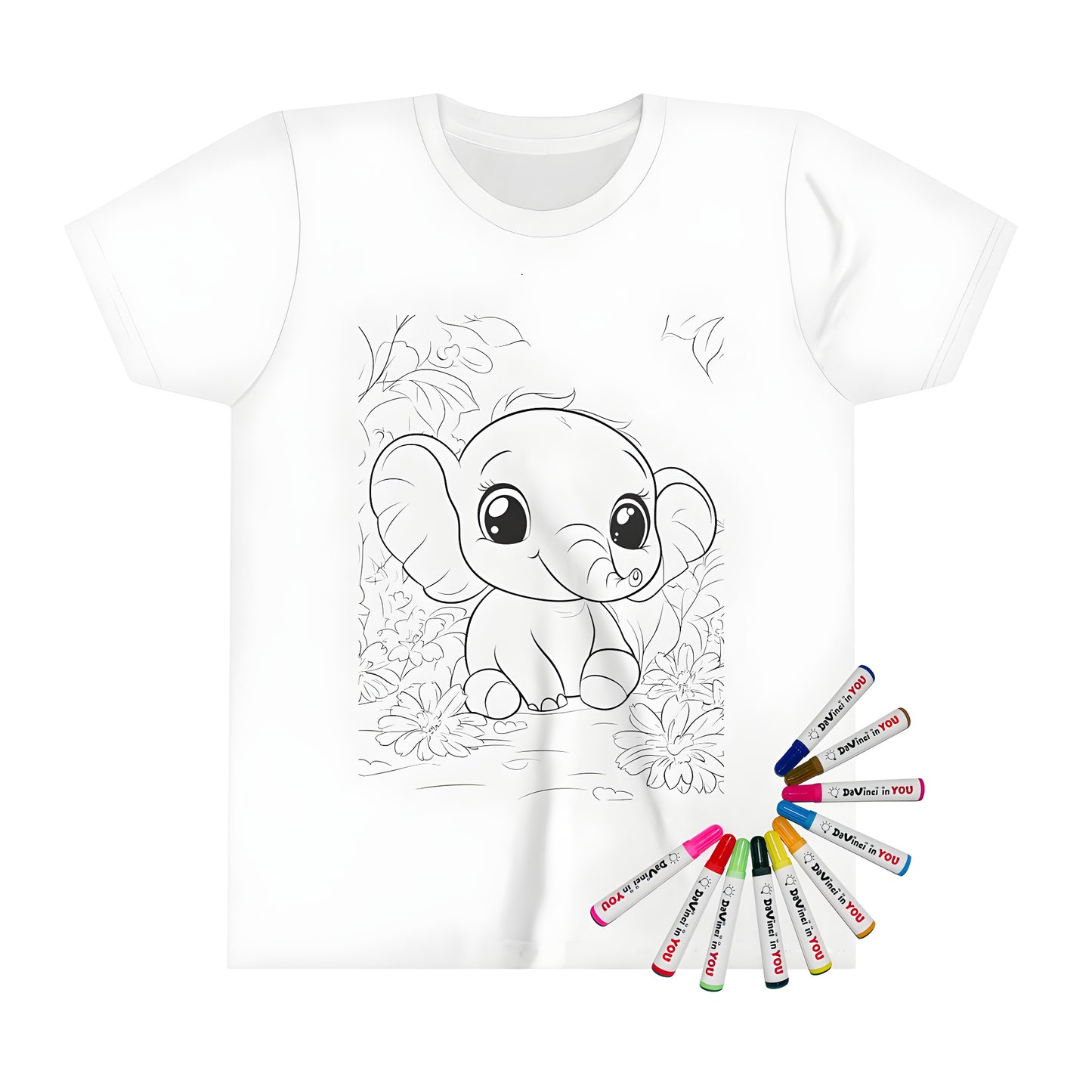 Kid's t-shirt with baby elephant in nature design, jungle theme, cute and colorful artwork