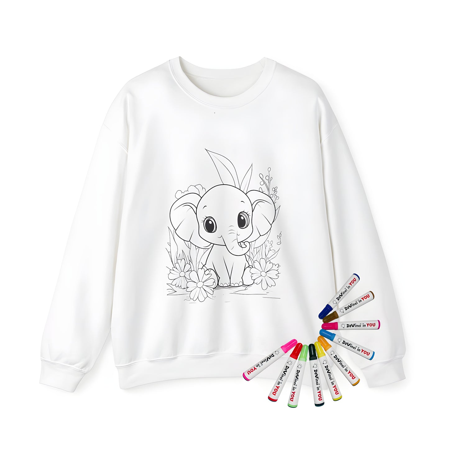 Adult sweatshirt featuring cute baby elephant design with jungle plants