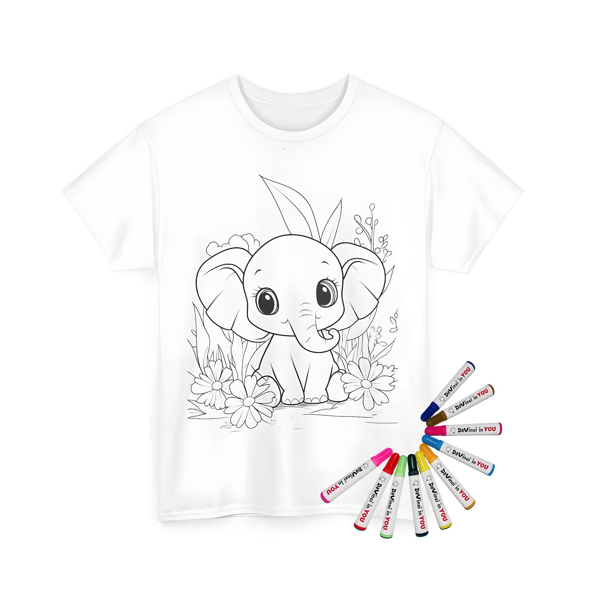 Unisex t-shirt featuring cute elephant illustration for kids' fun art and craft