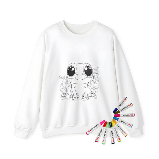 Adult sweatshirt featuring a whimsical frog illustration, among flowers and leaves