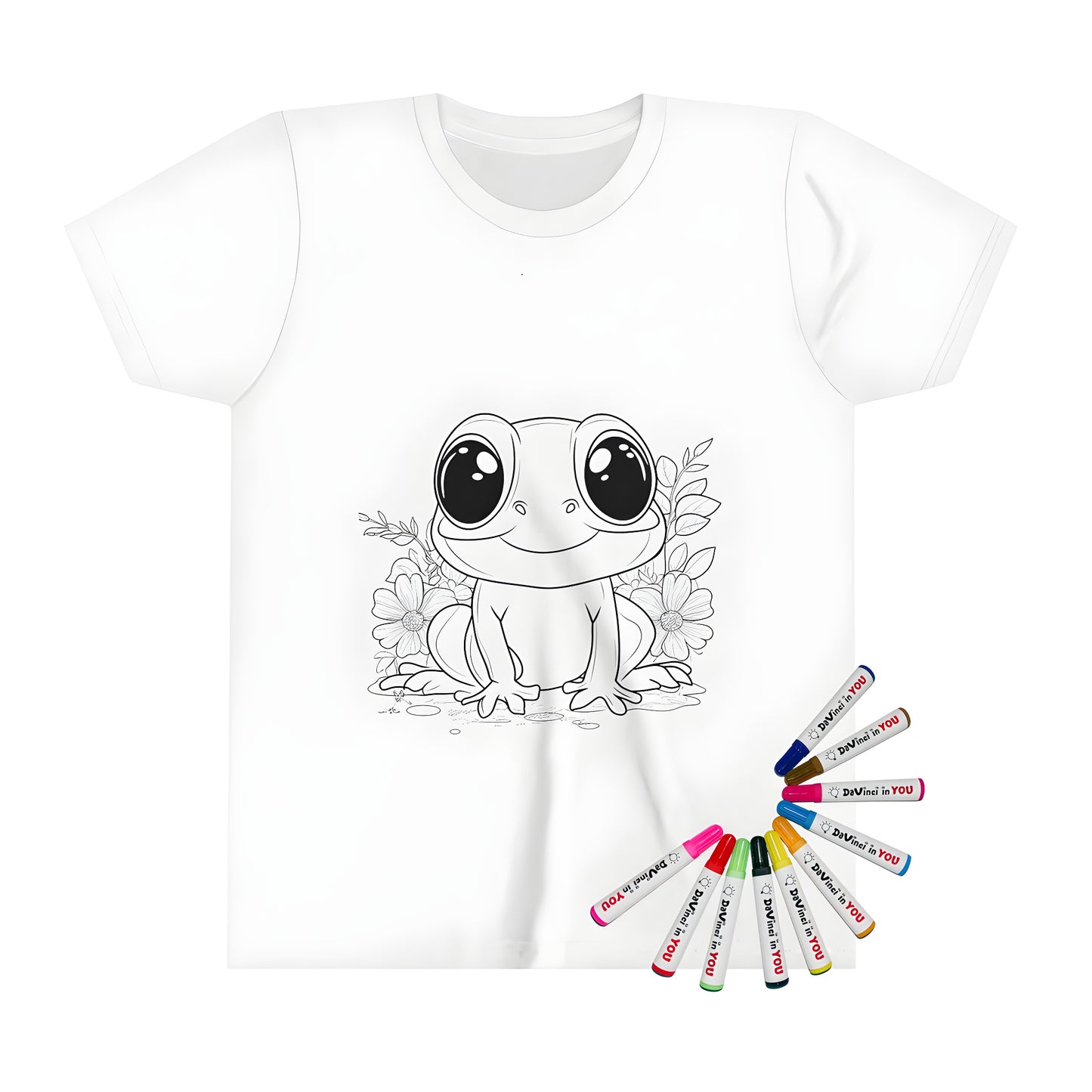 Coloring kit for kids featuring a frog design on a t-shirt. Includes 10 fabric markers.