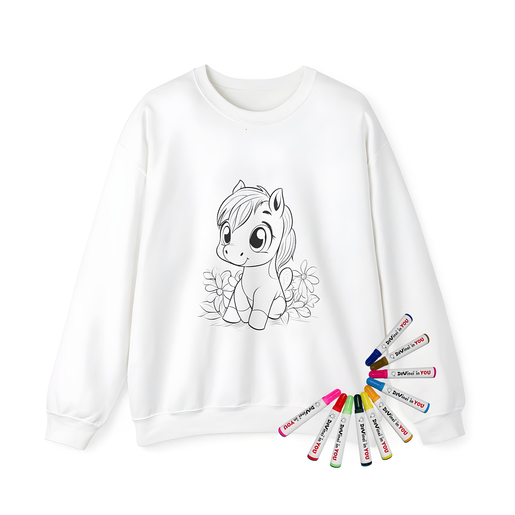 Adult sweatshirt with cute pony design featuring big eyes and smiling face amidst flowers