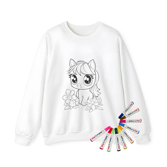 Adult sweatshirt featuring cute pony design with big eyes and flowers in black and white line art style