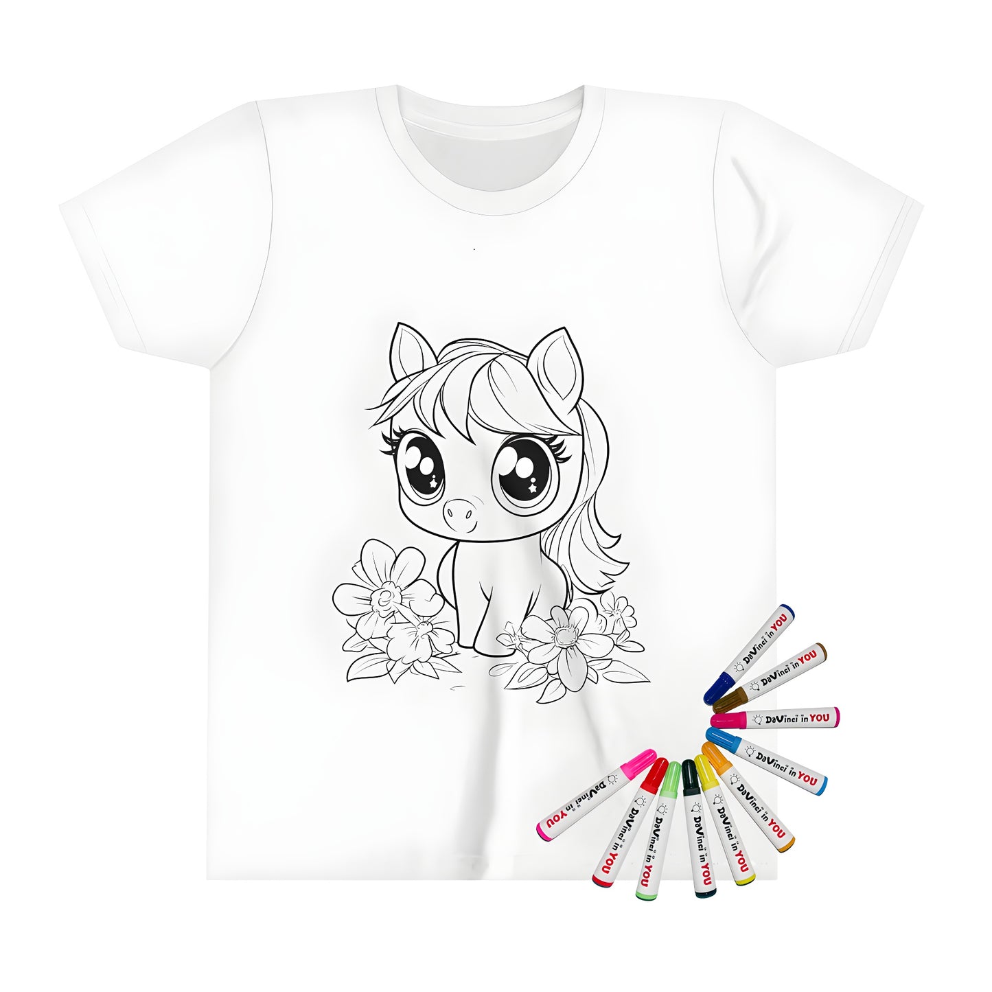 Kid's t-shirt featuring cute pony design, ideal for little ones to color and express themselves