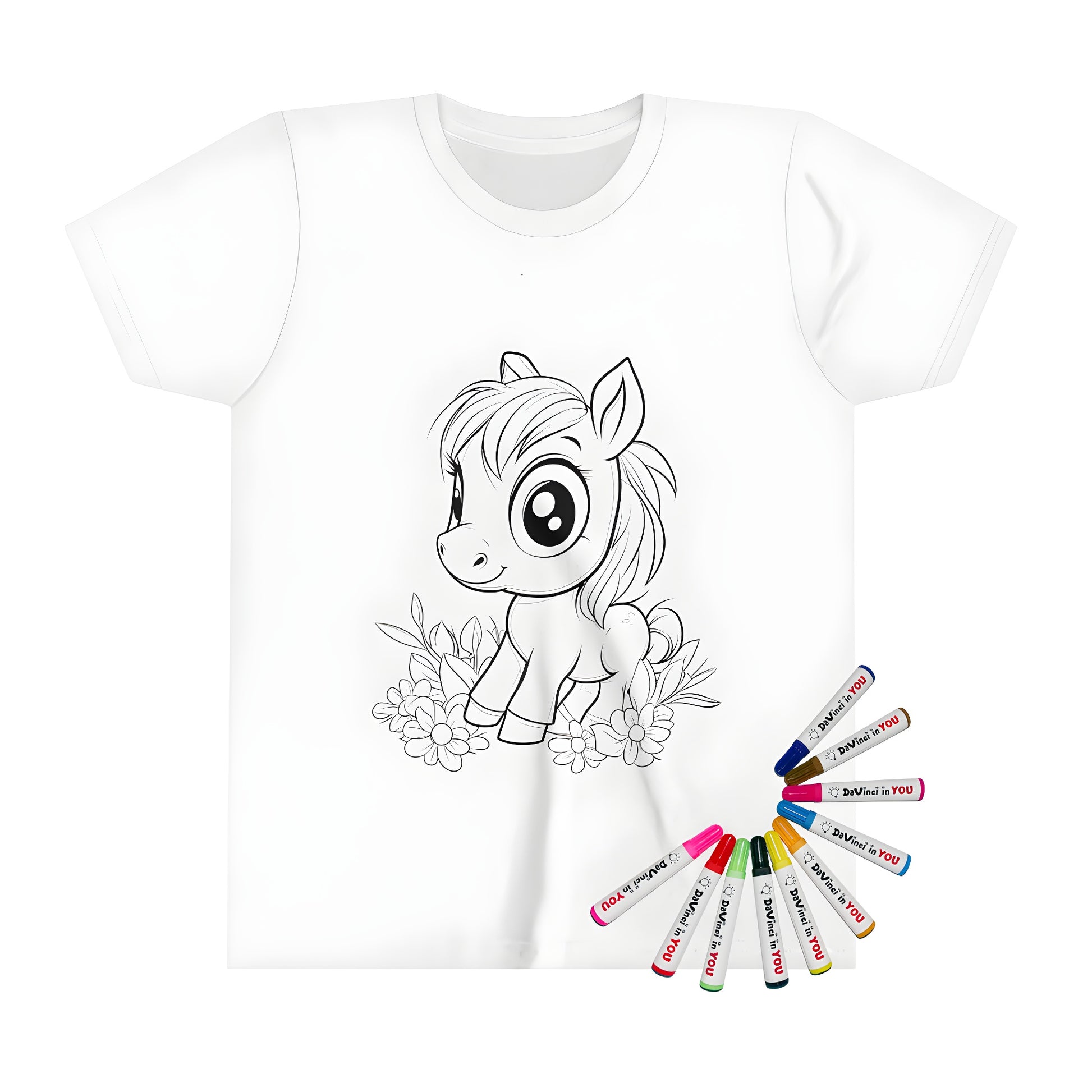 Kid's colorful t-shirt featuring a cute pony cartoon design with big eyes standing among flowers