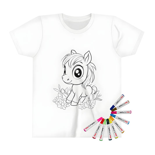 Kid's colorful t-shirt featuring a cute pony cartoon design with big eyes standing among flowers