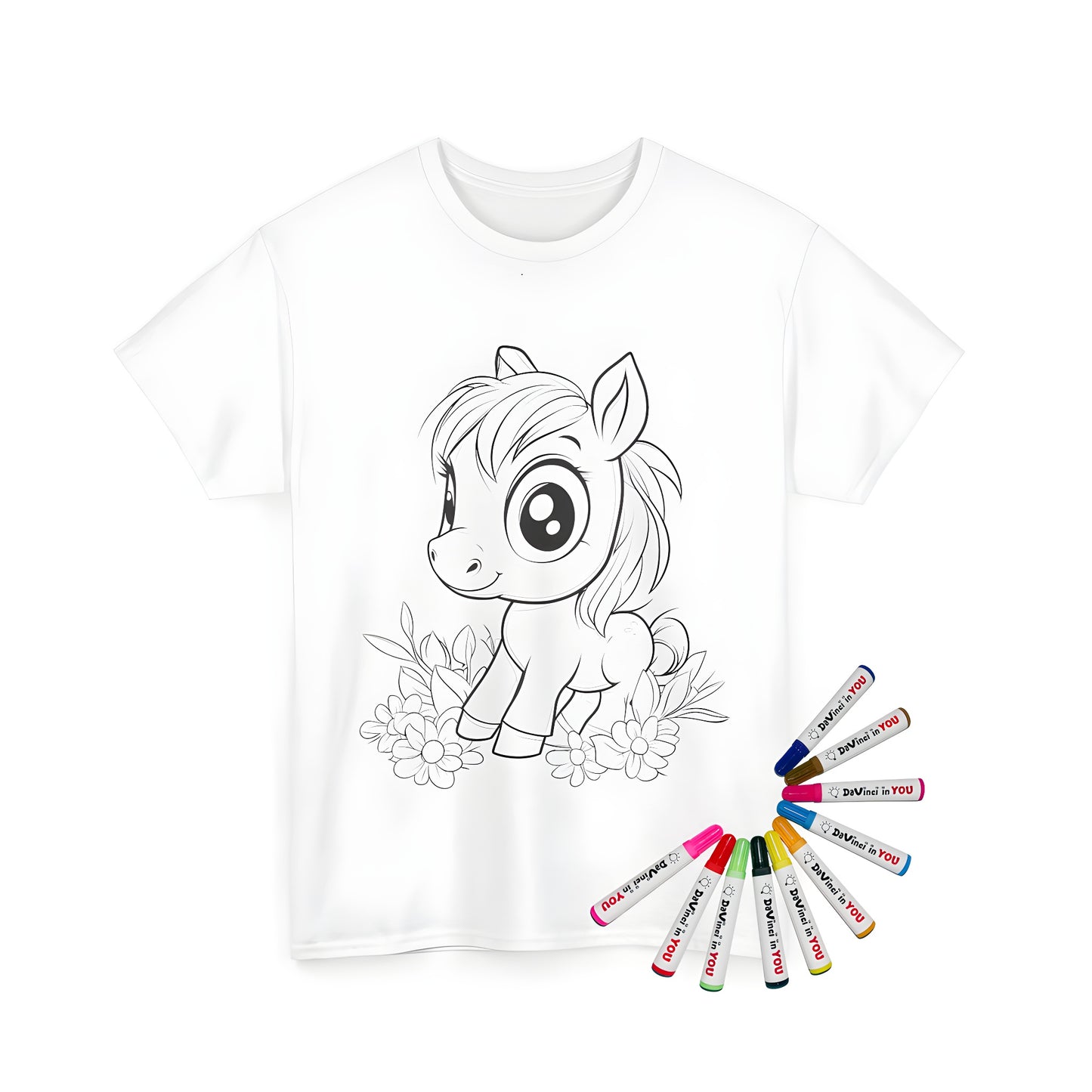 Coloring kit unisex t-shirt with cute pony illustration and fabric markers