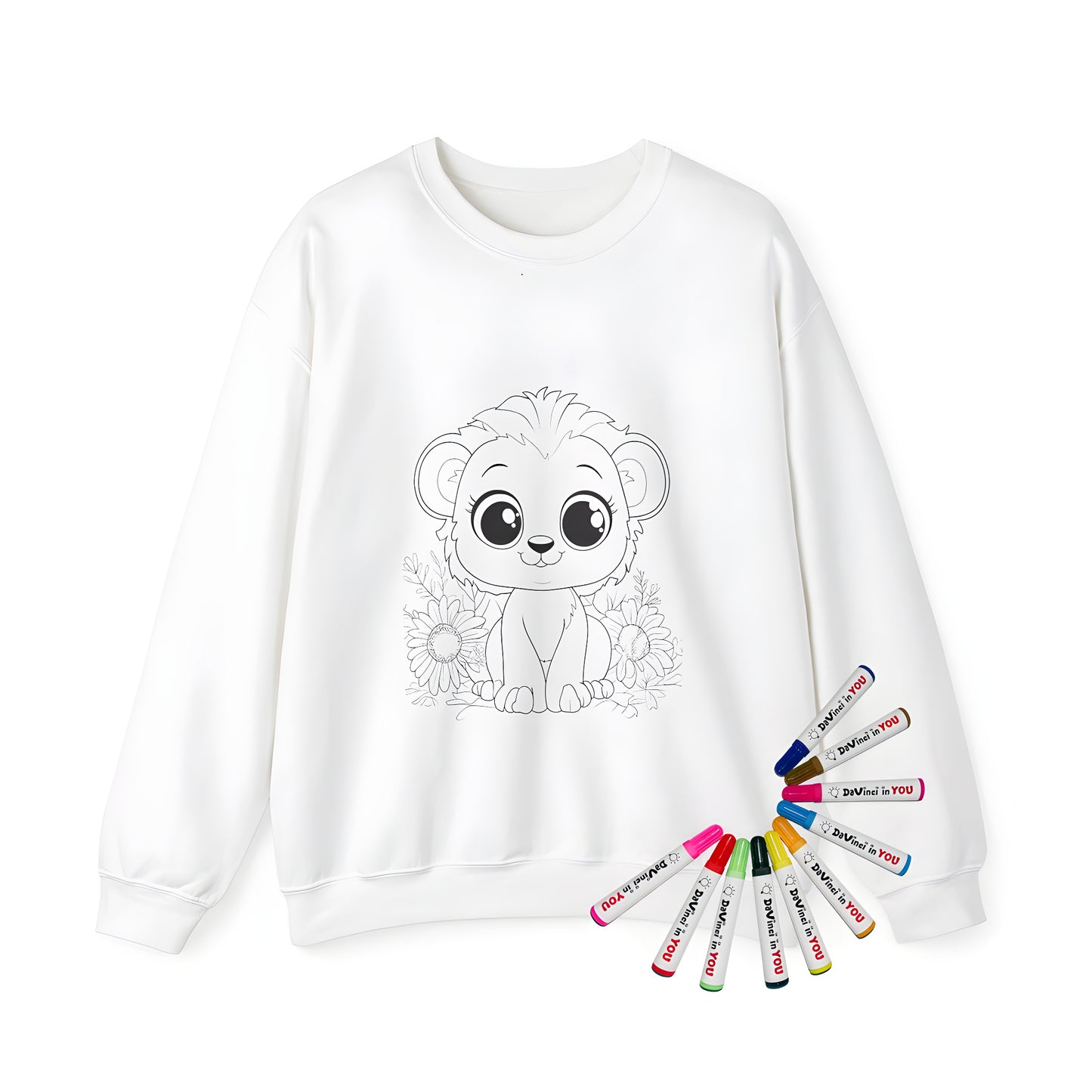 Adult sweatshirt featuring cute lion cub design with big eyes and flowers