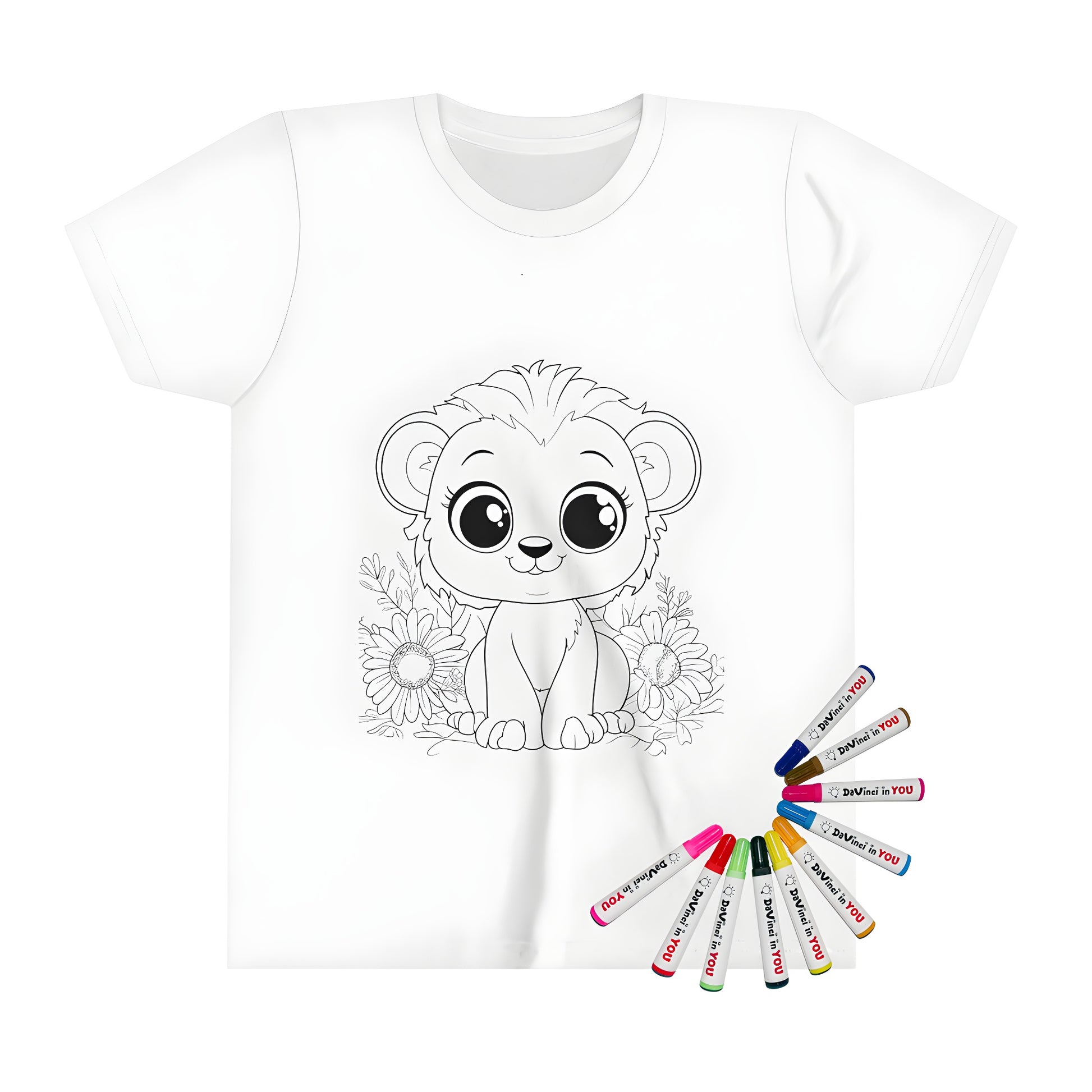 Cute kid's t-shirt featuring a colorful lion cub design, great for little ones to color and wear