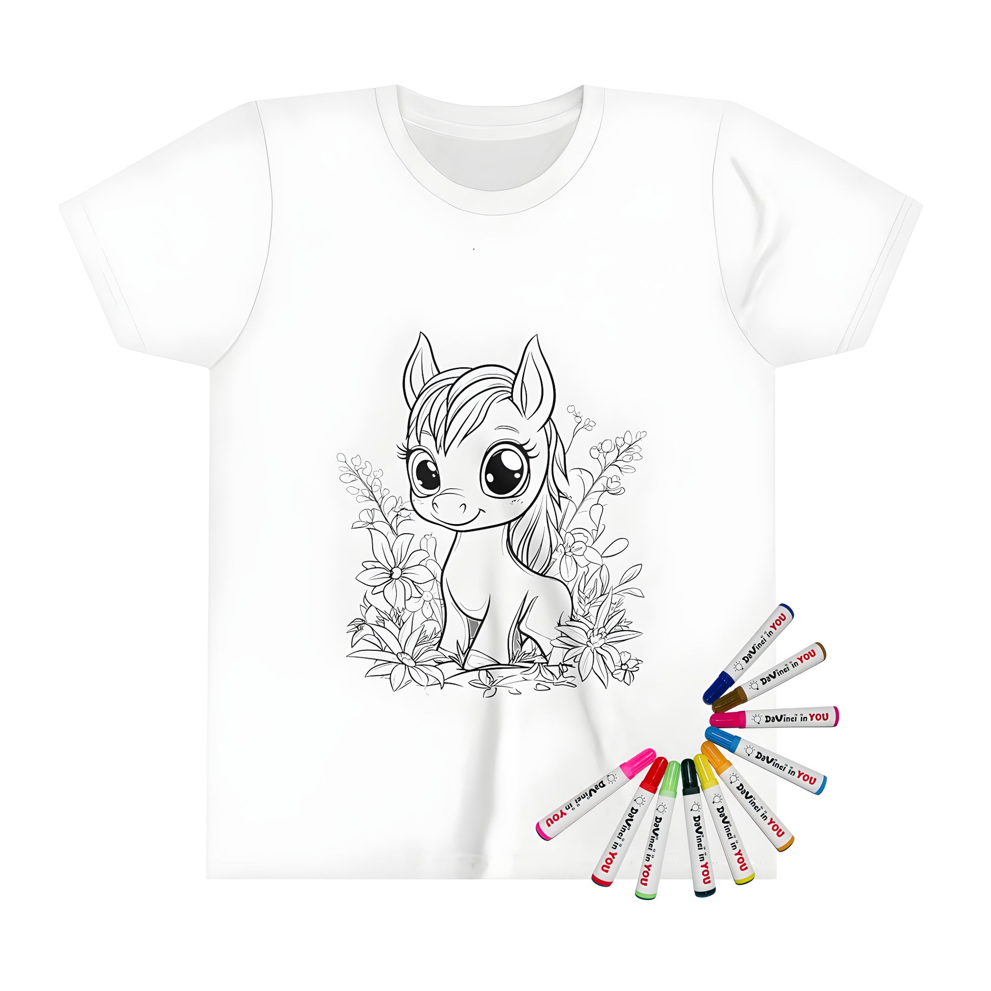 Coloring kit for kids featuring a cute pony illustration on a fun t-shirt