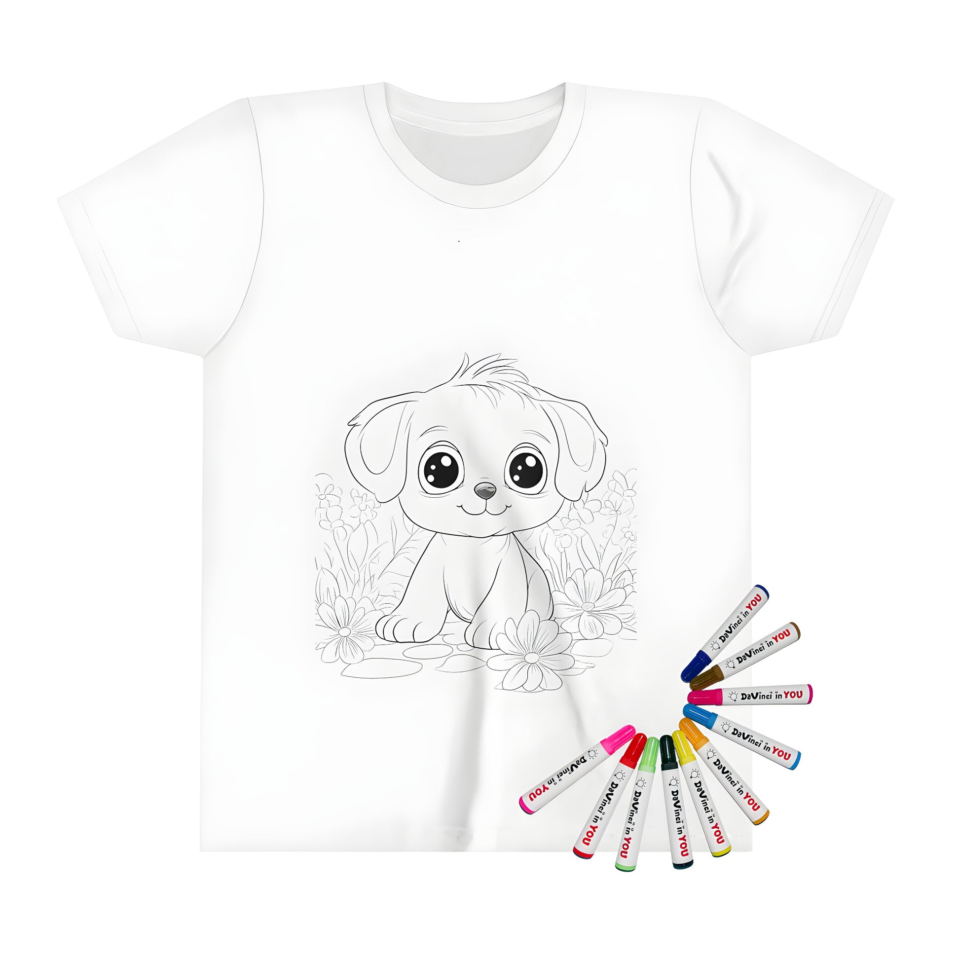 Colorful cute puppy t-shirt illustration with garden scene