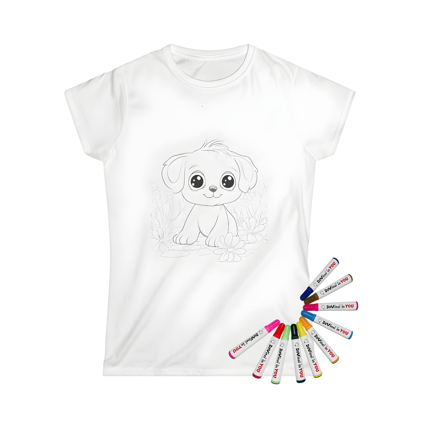 Adorable puppy design women's t-shirt with cute puppy illustration and colorful flowers