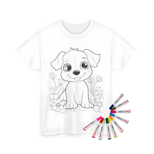 Coloring kit accessories, cute puppy illustration, fabric markers for kids, adult coloring book fun