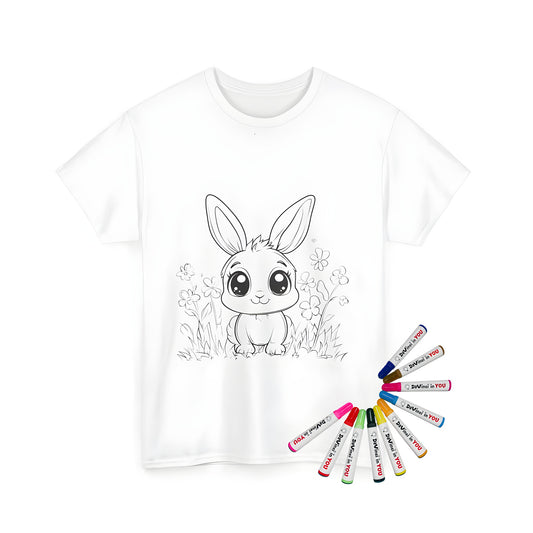 Unisex T-shirt featuring an adorable cute bunny illustration with big eyes, surrounded by flowers and grass.